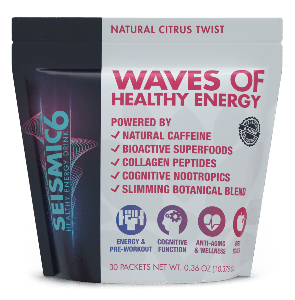 eismic6 is designed to support healthy immunity while providing a mega-wave of energy and anti-aging. It contains a unique blend of superfoods, collagen, fat burners, cognitive nootropics, amino acid, protein, and a slimming botanical blend.